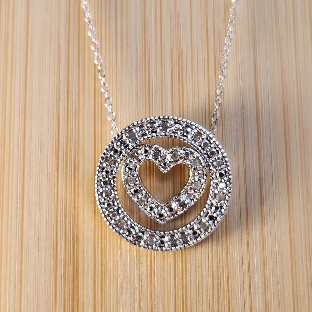 Natural REAL Diamonds Accents Affinity Heart Open Circle Necklace 925 16" Chain